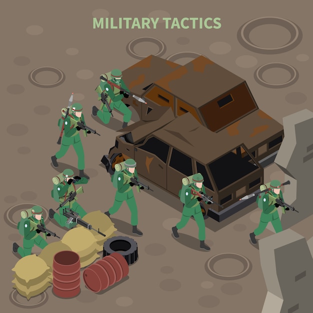 Composición isométrica de tácticas militares con grupo de infantería armada atacando con ametralladoras