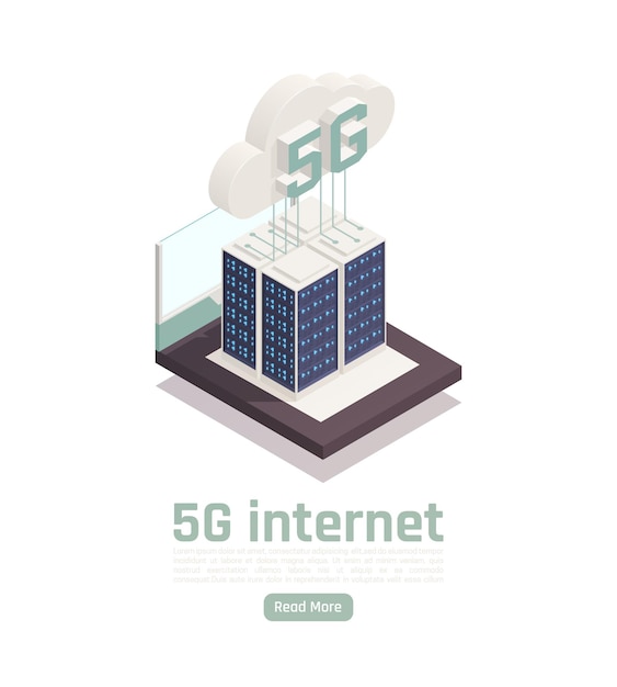 Composición isométrica de la tecnología de comunicación 5g de internet moderna con botón de texto editable y banner de tecnología conceptual