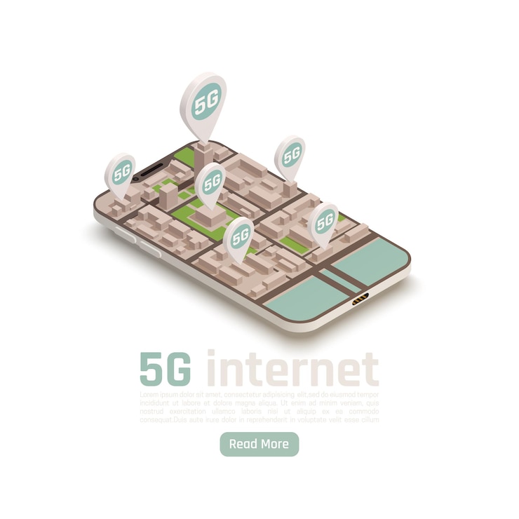 Vector gratuito composición isométrica de la tecnología de comunicación moderna de internet 5g con letreros de ubicación y texto editable de botón de lectura