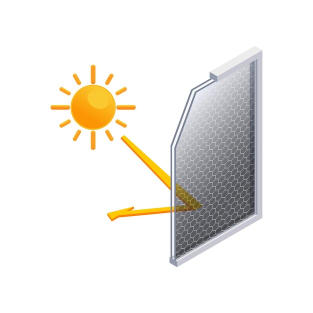 Composición isométrica de tecnologías de ciudad inteligente con imagen de ventana y sol con ilustración de vector de flecha reflectante