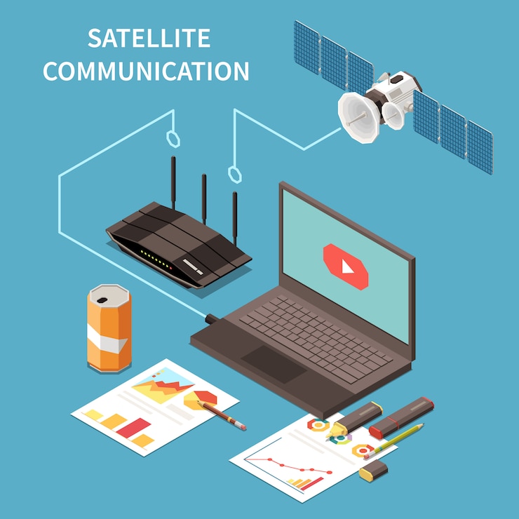 Vector gratuito composición isométrica de telecomunicaciones con satélite enrutador portátil