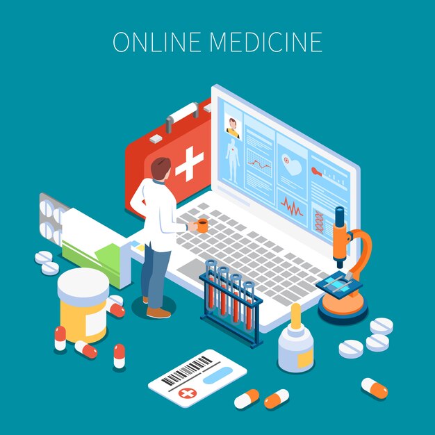 Composición isométrica de telemedicina médico estudiando información sobre la salud del paciente en la pantalla del portátil azul