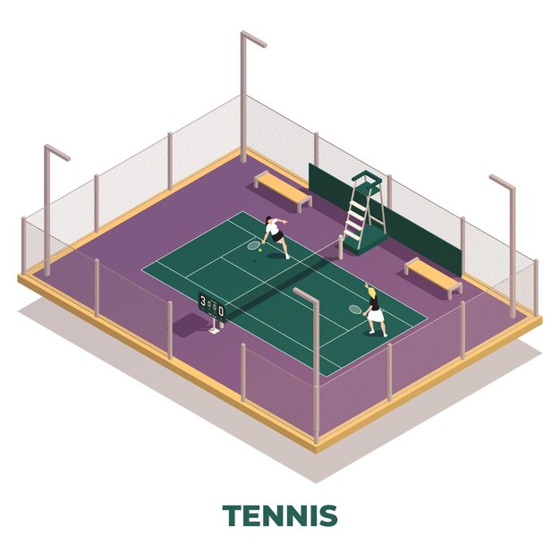 Composición isométrica de tenis con texto aislado y parque deportivo con gente jugando con raquetas e ilustración vectorial de pelota