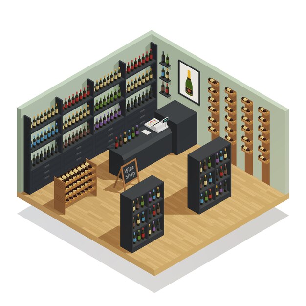Composición isométrica de la tienda de vinos