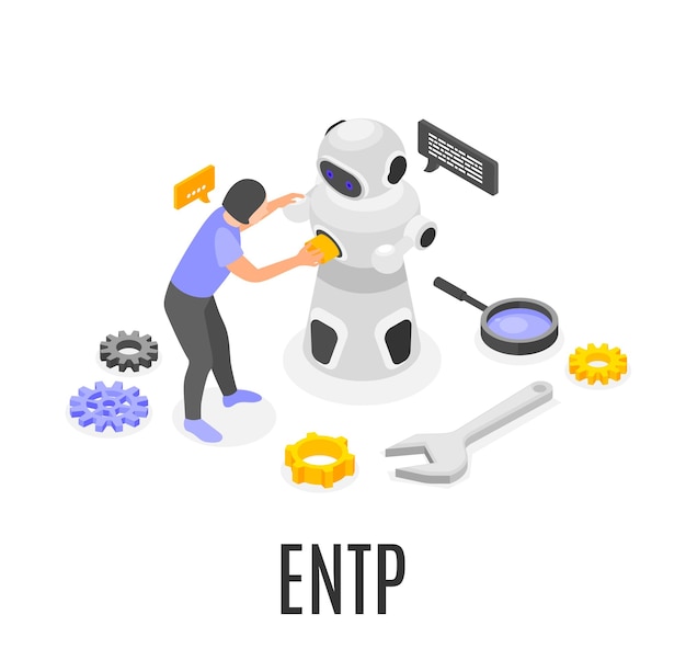 Composición isométrica de tipo entp mbti con ilustración de vector 3d de robot de fijación de personaje femenino creativo