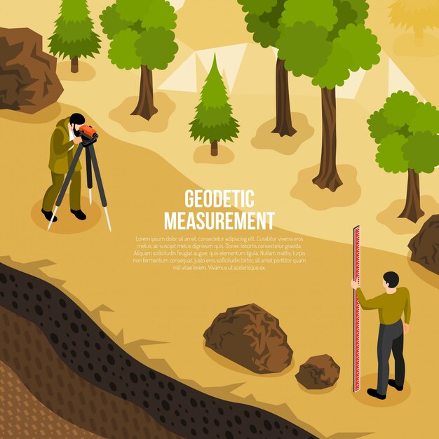 Composición isométrica del trabajo de campo del geólogo con hombres que toman mediciones geodésicas de la ilustración de vector de superficie