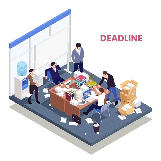 Composición isométrica de trabajo de oficina caótica desorganizada con empleados frustrados que faltan ilustración de vector de fecha límite