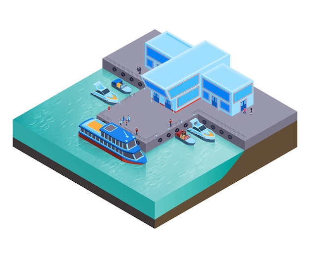 Composición isométrica del transporte de agua con edificios modernos de la estación fluvial con barcos en reposo e ilustración de personas,