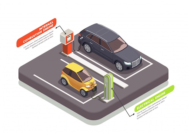 Composición isométrica de transporte con dos autos en estaciones de carga y gasolineras 3d