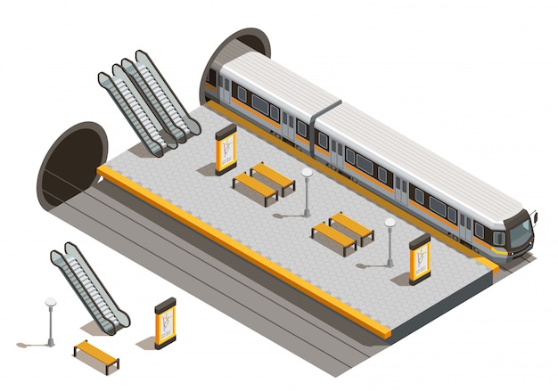 Composición isométrica del transporte público de la ciudad con escaleras mecánicas y bancos de la estación de metro subterráneo con material rodante subterráneo