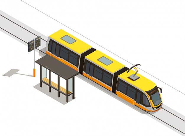 Composición isométrica del transporte público de la ciudad con vista de la línea de tranvía y material rodante con refugio de tránsito