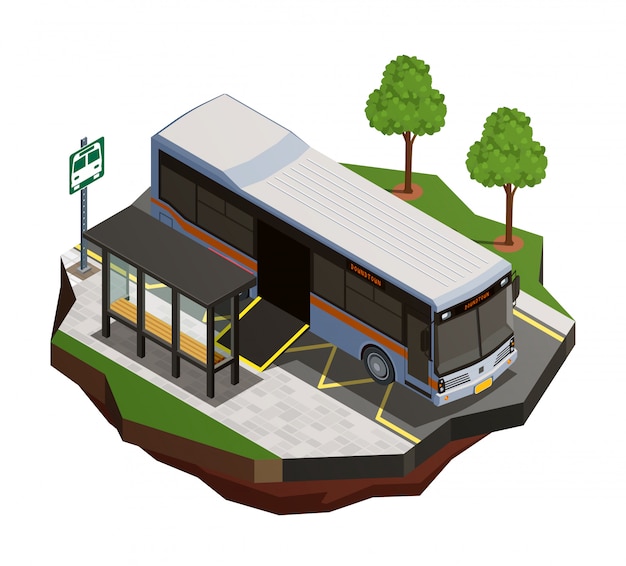 Composición isométrica del transporte público de la ciudad con vista de la parada de autobús y el autobús municipal con ilustración de rampa para sillas de ruedas