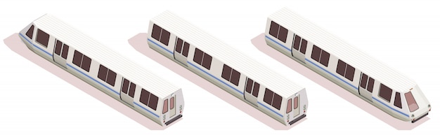 Composición isométrica de transporte con tres trenes de metro aislados sobre fondo blanco 3d