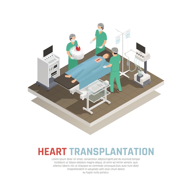 Vector gratuito composición isométrica de trasplante de corazón humano