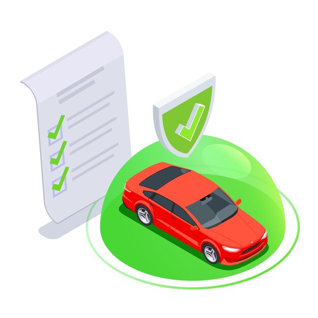 Composición isométrica de uso de propiedad de automóvil con burbuja e icono de automóvil protegido con signo de acuerdo en papel