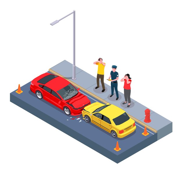 Composición isométrica de uso de propiedad de automóvil con vista de dos automóviles accidentados con personajes de propietarios de automóviles