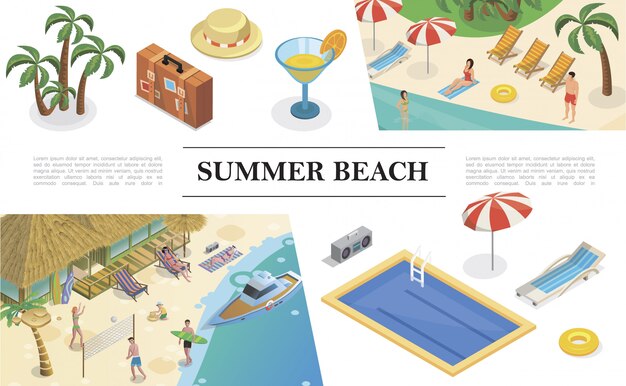 Composición isométrica de vacaciones de verano con palmeras bolsa sombrero cóctel piscina reclinable paraguas salvavidas grabadora de cinta gente descansa en playa tropical