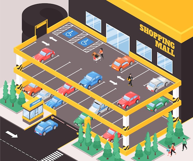 Composición isométrica de varios niveles de estacionamiento de automóviles con texto y vista exterior del edificio del estacionamiento de la ciudad