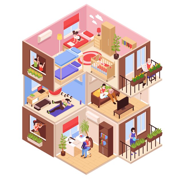 Composición isométrica de vecinos con vista de perfil de bloque de gran altura con apartamentos vecinos en la planta superior y en la planta baja
