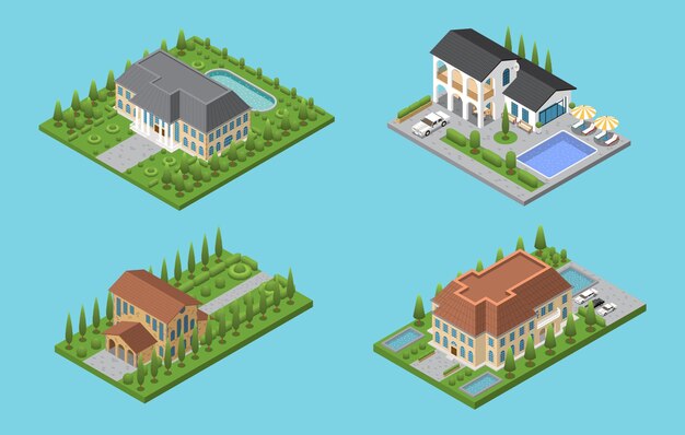 Composición isométrica de villa con cuatro mansiones diferentes para finca familiar o ilustración vectorial de vacaciones