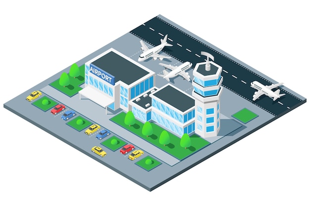 Vector gratuito composición isométrica de vista de pájaro de la terminal del aeropuerto con avión de torre de control de tráfico