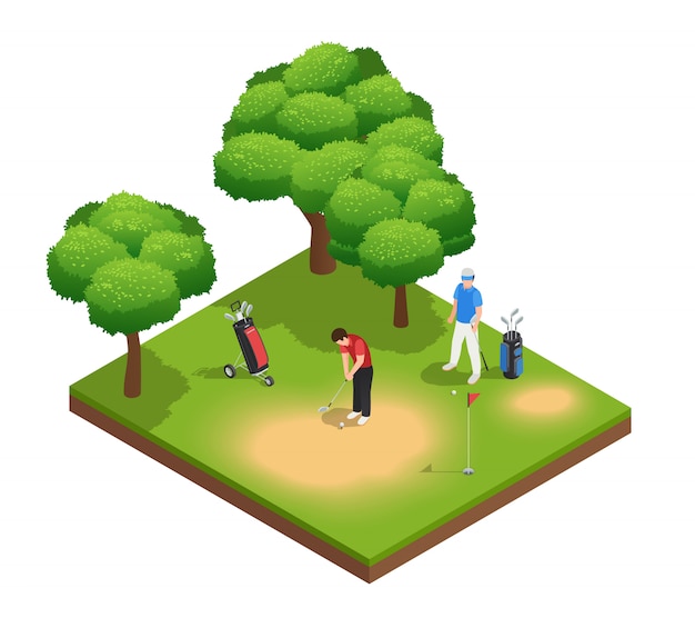 Composición isométrica de la vista superior del golf con dos deportistas que juegan en el agujero y los árboles de las bolsas del campo de golf
