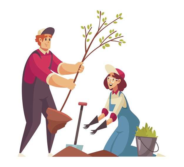 Composición de jardineros con personajes de garabatos de jardineros masculinos y femeninos que plantan ilustraciones de vectores de árboles jóvenes
