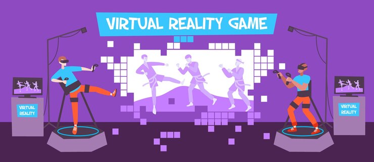 Vector gratuito composición de juegos de realidad virtual con escenario interior plano y jugadores con joysticks en podios con imagen holográfica
