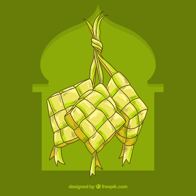 Composición de ketupat tradicional dibujada a mano