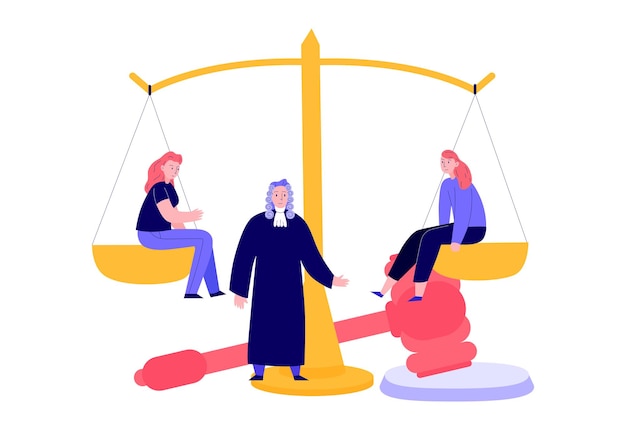 Composición de ley de justicia de abogado con personajes de garabatos de juez y mujeres en equilibrio pesa ilustración vectorial