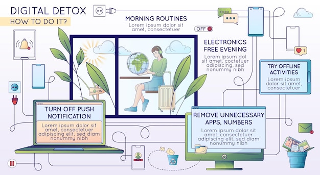 Composición de línea plana de desintoxicación digital con consejos de texto editables para deshacerse de la ilustración de vector de actividades de redes sociales