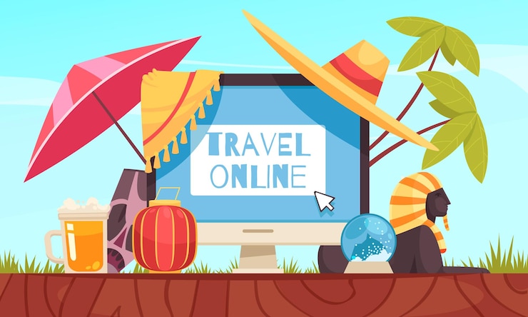 Vector gratuito composición en línea de reserva de viajes con titular de viajes en línea y un monitor grande en la composición central