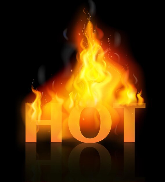 Composición de llama de fuego realista coloreada con gran palabra naranja caliente en llamas