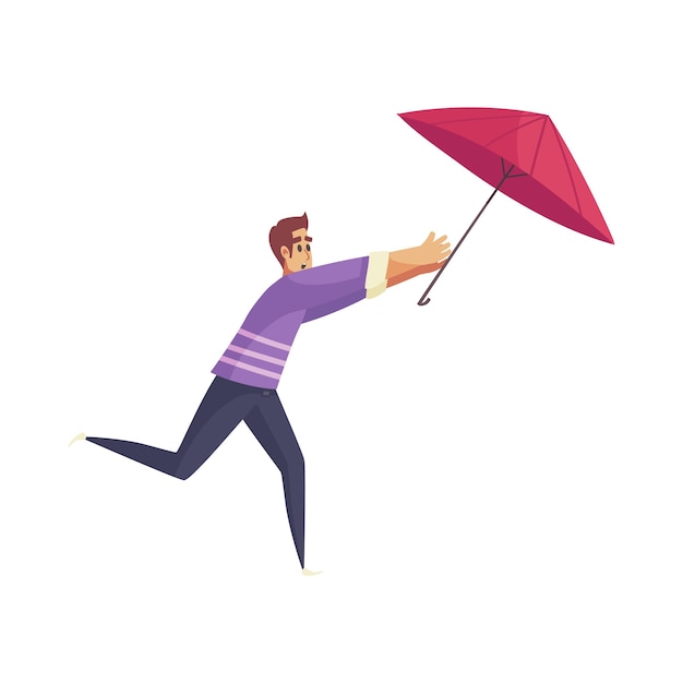 Composición de lluvia de mal tiempo con carácter aislado de hombre corriendo para ilustración de vector de paraguas soplado