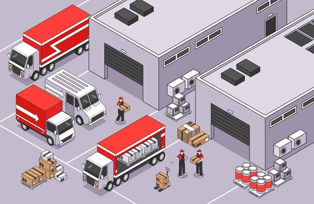 Composición de logística isométrica con paisaje al aire libre del área de almacén con cajas de paquetería, camionetas y camiones