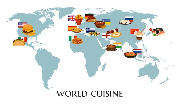 Vector gratuito composición del mapa mundial de cocinas con texto editable y mapa del mundo con iconos de banderas de platos ilustración vectorial