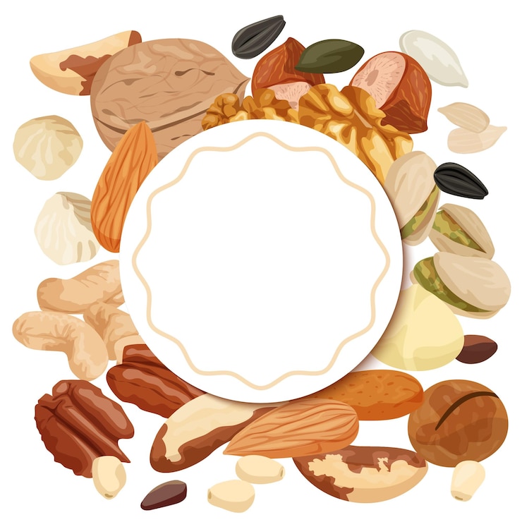 Vector gratuito composición con marco de círculo adornado vacío rodeado de nueces y semillas conjunto plano de iconos de frijol ilustración vectorial