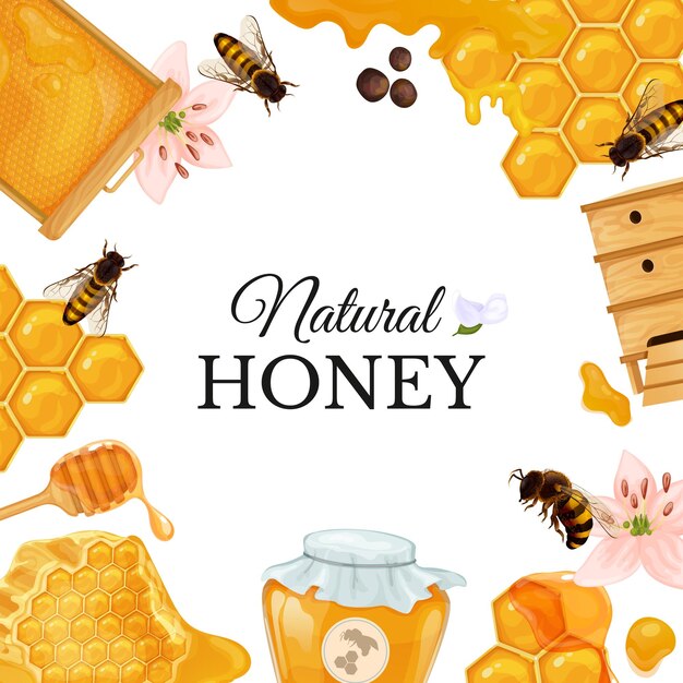 Composición de marco de miel con texto ornamentado rodeado de imágenes de abejas de panal y colmenas con ilustración vectorial de flores