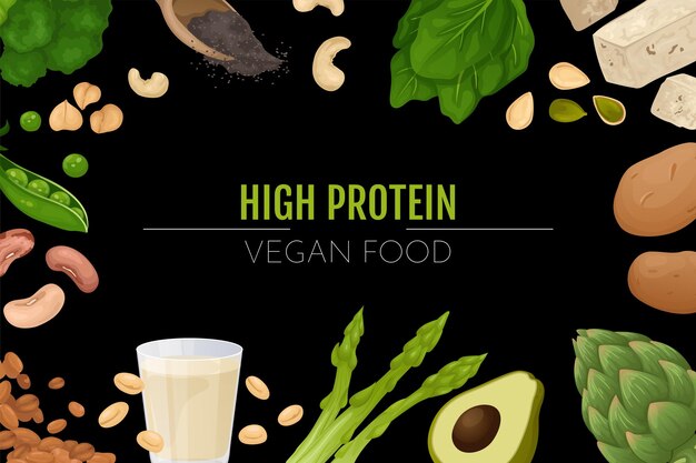 Composición de marco de pizarra de comida de proteína vegana de texto editable rodeado de frijoles hojas vegetales e ilustración de vector de leche
