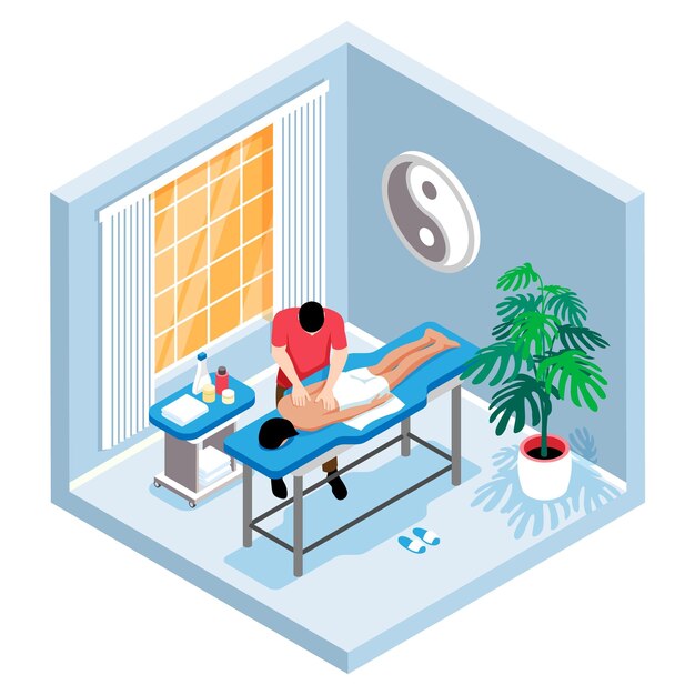 Composición de masaje isométrico con vista aislada de la sala de masajes y masajista con el cliente acostado en la ilustración de vector de mesa
