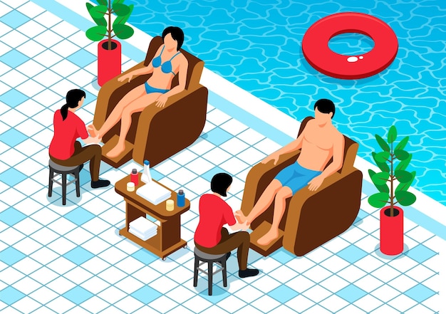 Composición de masaje isométrico con vista a la piscina pública con sillones pareja y médicos amasando los dedos de los pies de los clientes ilustración vectorial