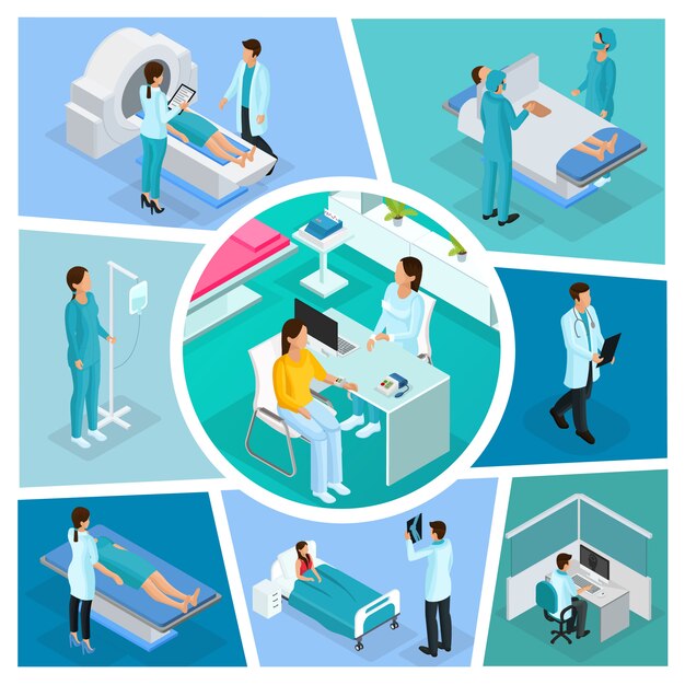 Composición de medicina isométrica con médicos, pacientes, cirugía, consulta médica y diferentes procedimientos de diagnóstico aislados