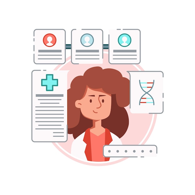 Composición de medicina en línea con personaje femenino de médico rodeado de pedidos de medicamentos