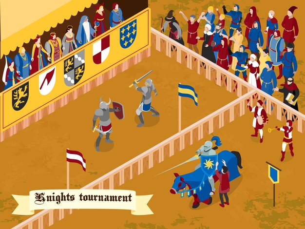 Composición medieval isométrica y coloreada con título de torneo de caballeros en cinta blanca