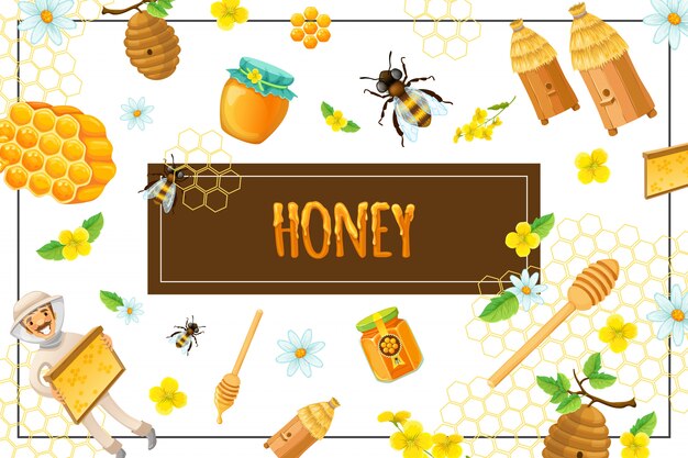Composición de miel orgánica de dibujos animados con flores de nido de abeja, colmenas de abejas, palo de apicultor y tarro de productos dulces en el marco