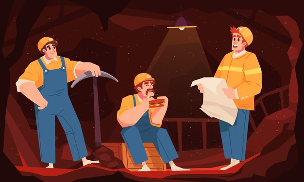Composición minera de color plano tres trabajadores en el almuerzo hablan entre ellos y comen ilustración vectorial