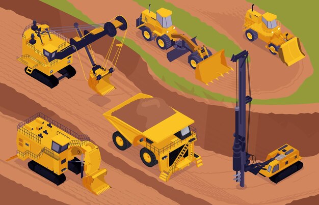 Composición minera isométrica con vista exterior de cielo abierto con excavadoras excavadoras amarillas y aparatos de extracción ilustración vectorial