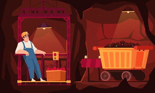 Composición minera plana: el trabajador se para en un ascensor en una mina al lado del carro lleno de ilustraciones vectoriales de minerales extraídos