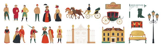 Vector gratuito composición de moda del casco antiguo del siglo xviii con personajes humanos aislados de ilustración vectorial de pareja amorosa