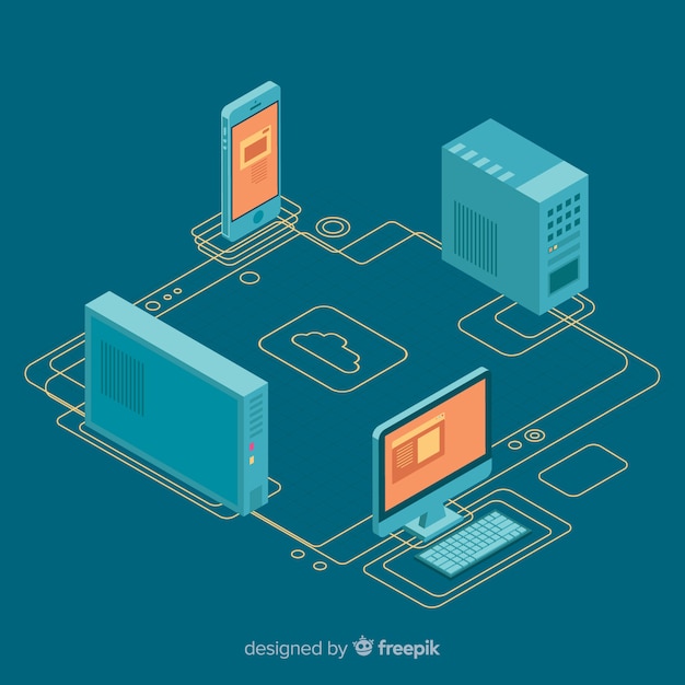 Composición moderna de tecnología con vista isométrica